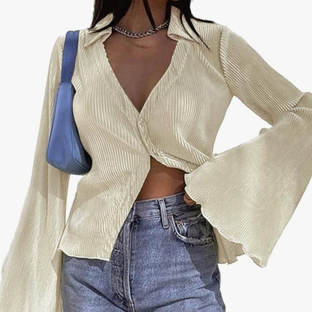 Deep V Neck Button Long Sleeve Blouse